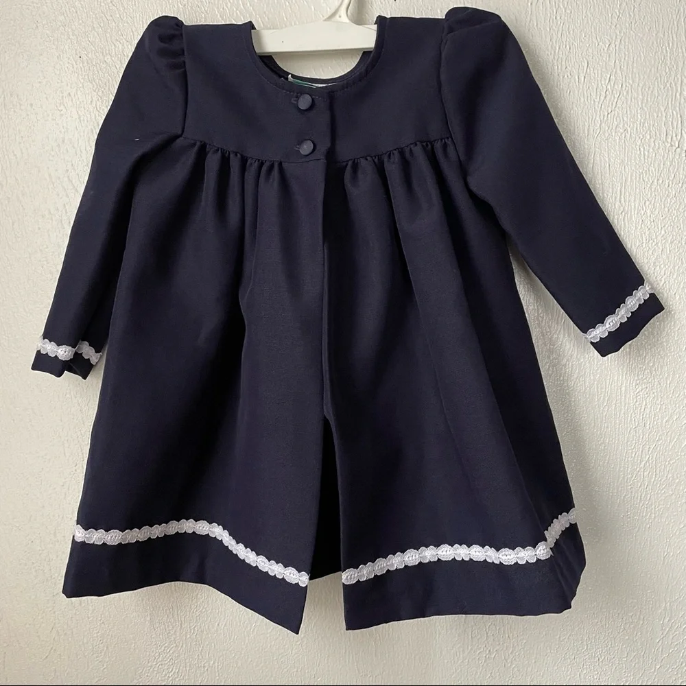Vintage Rare Editions Girls White/Navy Blue Long Sleeve Apron Bib Dress Sz 3T